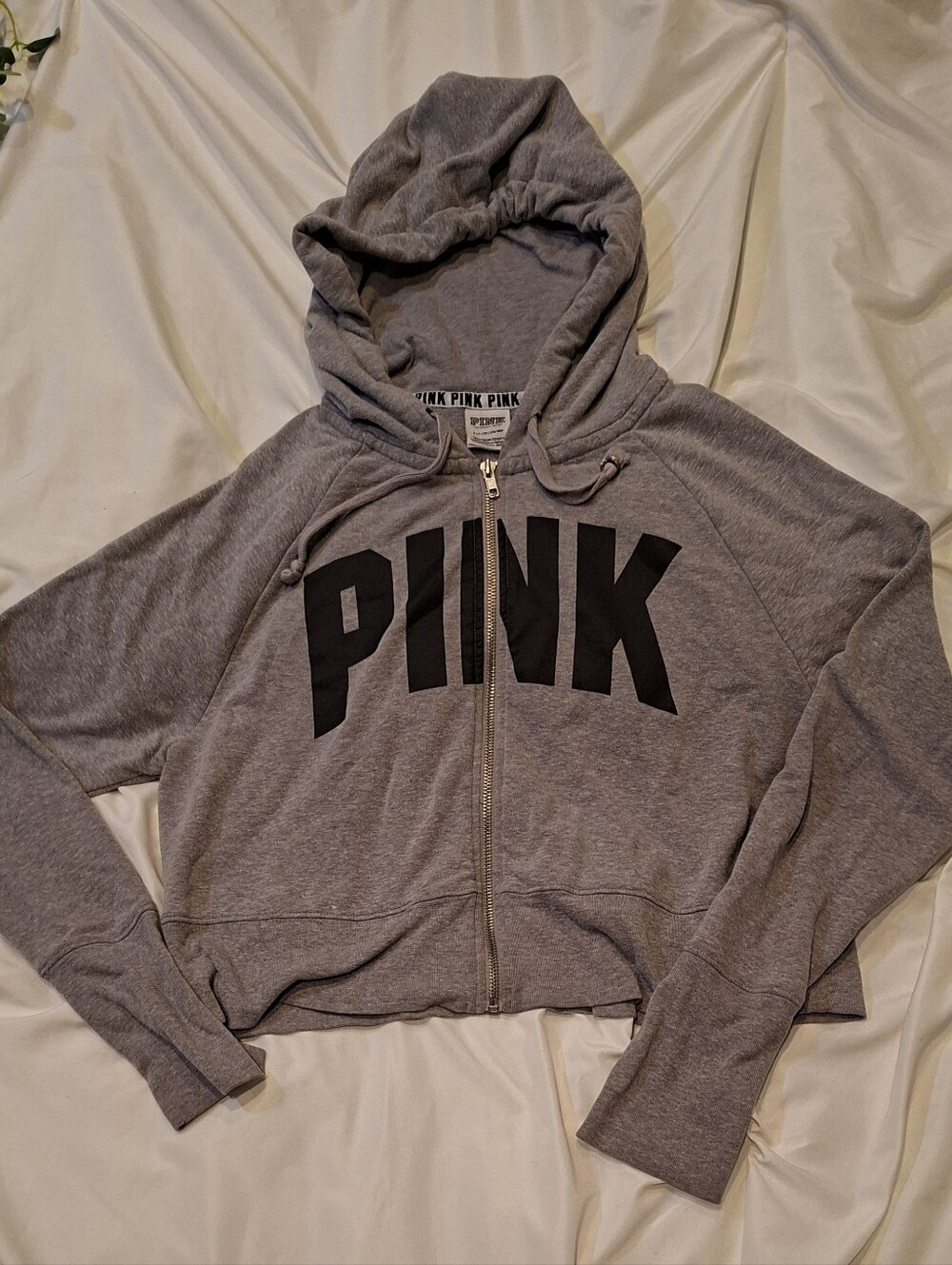 Victoria's Secret PINK Gray Full Zip Hoodie Cropped Sweatshirt Block Logo Size S